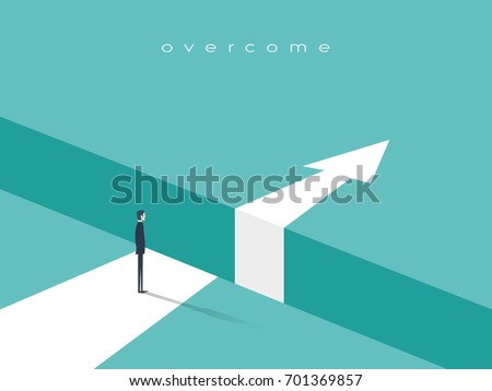 Business challenge or obstacle vector concept with businessman standing on the edge of gap, chasm with arrow going through. Concept of courage, bravery, risk. Eps10 vector illustration.