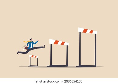 Business challenge, overcome difficulty or obstacle to achieve business success, effort, skill or aspiration to solve problem concept, ambitious businessman jump over hurdles to find higher obstacles. - Shutterstock ID 2086354183
