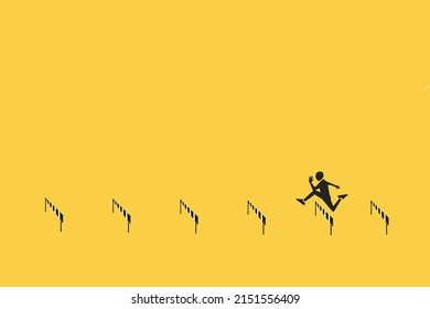 Business challenge, overcome difficulty or obstacle to achieve business success, effort, skill or aspiration to solve problem concept, ambitious businessman jump over hurdles.