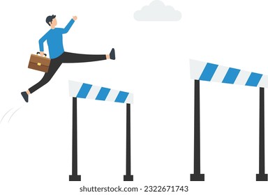 Business challenge, overcome difficulty or obstacle to achieve business success, effort, skill or aspiration to solve problem, Jump over hurdles to find higher obstacles

