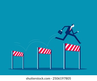 Business challenge, overcome difficulty or obstacle to achieve business success, effort. Ambitious businessman jump over hurdles. Skill or aspiration to solve problem concept.

