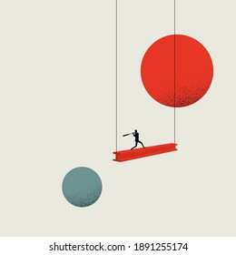 Business challenge and overcome vector concept. Businessman on swing with baseball bat. Symbol of ambition. Eps10 illustration.