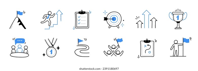 Business challenge person, work opportunity doodle icon set. Hand drawn sketch career purpose, professional goal cute trendy doodle icon. Career business success concept. Vector illustration