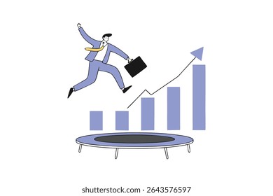 Business Challenge, Revenue Rebound, and Profit Growth Jump Concept Strong Businessman Jumping from Trampoline to Top of Growing Bar Graph