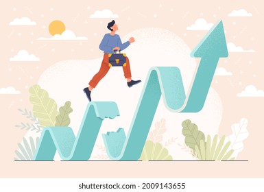 Business challenge, revenue rebound recover from economic crisis or earning and profit growth jump from bottom concept, strong businessman jumping back to top of growing bar graph. Vector illustration