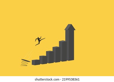 Business challenge, revenue rebound and recover from economic crisis or earning and profit growth jump from bottom concept, strong businessman jumping from trampoline back to top of growing bar graph.