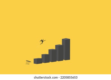 Business challenge, revenue rebound and recover from economic crisis or earning and profit growth jump from bottom concept, strong businessman jumping from trampoline back to top of growing bar graph.