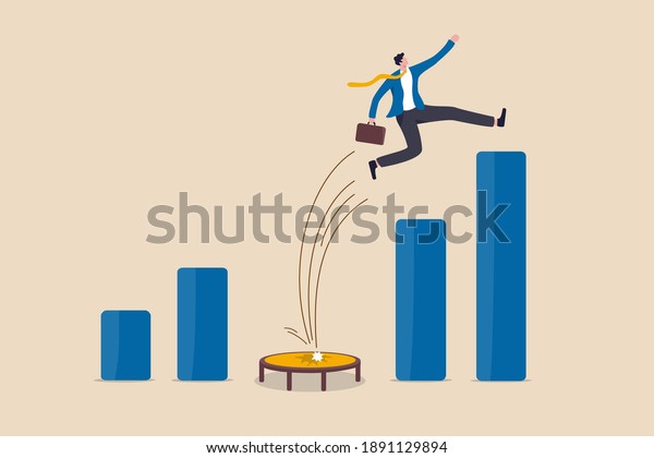 Business challenge, revenue rebound and recover\
from economic crisis or earning and profit growth jump from bottom\
concept, strong businessman jumping from trampoline back to top of\
growing bar graph.
