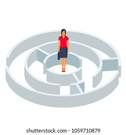 Business challenge. Search for a solution to the problem. Businesswoman stands in middle of a maze. Man in labyrinth business metaphor. Vector illustration flat design. Isolated on white background.