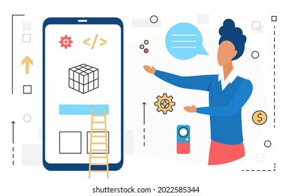 Business challenge and solution, people overcome difficult problem vector illustration. Cartoon man character standing with giant mobile phone and ladder, overcoming business task isolated on white background