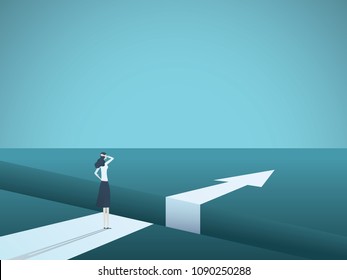 Business challenge and solution vector concept with businesswoman standing over big gap. Symbol of overcoming obstacles, strategy, analysis, creativity. eps10 vector illustration.