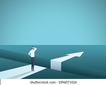 Business challenge and solution vector concept with businessman standing over big gap. Symbol of overcoming obstacles, strategy, analysis, creativity. Eps10 vector illustration.