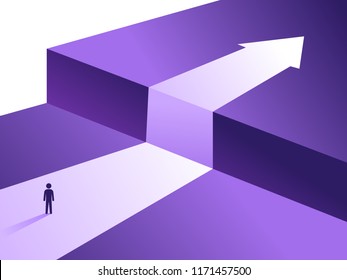 Business challenge and solution vector concept with person standing over big cliff. Symbol of overcoming challenges, obstacles, strategy, analysis, creativity. vector ultra violet illustration.