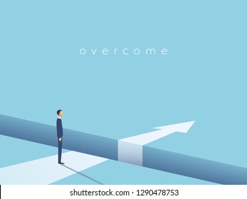 Business challenge and solution vector concept with businessman standing over big gap. Symbol of overcoming obstacles, strategy, analysis, creativity. Eps10 vector illustration.