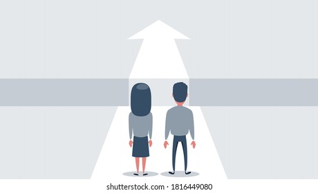 Business challenge and solution vector concept with business people standing over big gap. Symbol of overcoming obstacles, strategy, analysis, creativity. vector illustration.
