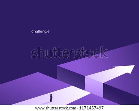 Business challenge and solution vector concept with person standing over big gap. Symbol of overcoming challenges, obstacles, strategy, analysis, creativity. vector ultra violet illustration.