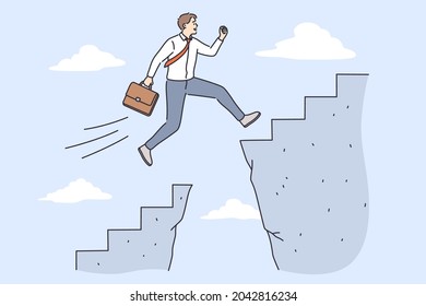 Business challenge and success concept. Young confident Businessman cartoon character Jumping over abyss for development and success in job vector illustration 