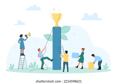 Business challenge, success progress in career vector illustration. Cartoon tiny people climb column with golden cup of champion at top, opportunity and ambition growth for team of office employees