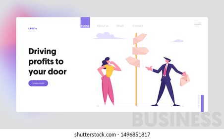 Business Challenge Task Solution Choice Way Concept Website Landing Page. Businessman and Businesswoman Stand on Crossroad Fork Pointer Making Decision Web Page Banner. Flat Vector Illustration