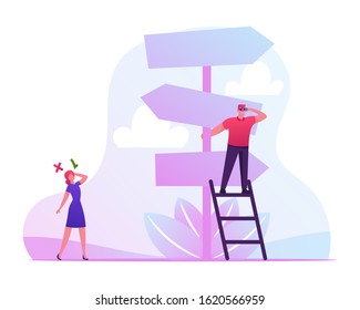 Business Challenge and Task Solution Choice Way Concept with Businessman and Businesswoman Stand on Crossroad Fork Pointer Making Decision what Road Direction Choose. Cartoon Flat Vector Illustration