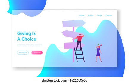 Business Challenge, Task Solution and Choice Way Website Landing Page. Businesspeople Stand on Crossroad Fork Pointer Choosing Right Road Direction Web Page Banner. Cartoon Flat Vector Illustration