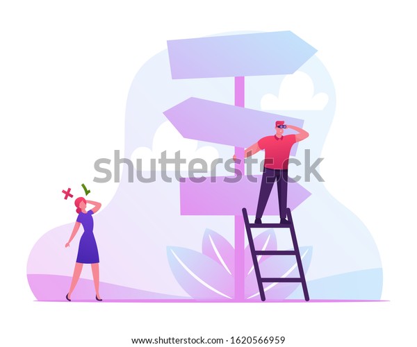 Business Challenge and Task Solution Choice\
Way Concept with Businessman and Businesswoman Stand on Crossroad\
Fork Pointer Making Decision what Road Direction Choose. Cartoon\
Flat Vector\
Illustration