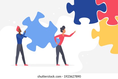 Business challenge teamwork vector illustration. Cartoon two businessman characters holding big jigsaw puzzle piece together, efficiency construction process of business achievement background