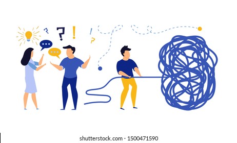 Business challenge vector achievement work progress. Tangle tangled conceptual abstract strategy teamwork people illustration. Solution clew ball career background. Searching motivation metaphor