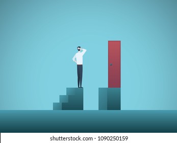 Business challenge vector concept with businessman standing on steps in front of door. Symbol of overcoming problems, obstacles, issues, solving complex situations. Eps10 vector illustration.