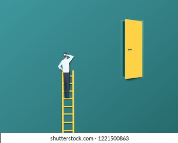 Business challenge vector concept with businessman on ladder far from door. Modern paper cutout vector style. Symbol of hard work, effort, ambition and motivation. Eps10 vector illustration.
