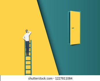 Business challenge vector concept with businessman on ladder far from door. Modern paper cutout vector style. Symbol of hard work, effort, ambition and motivation. Eps10 vector illustration.