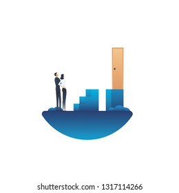 Business challenge vector concept with businessman and businesswoman looking for solution. Symbol of overcoming problems, motivation, ambition and progress. Eps10 vector illustration.