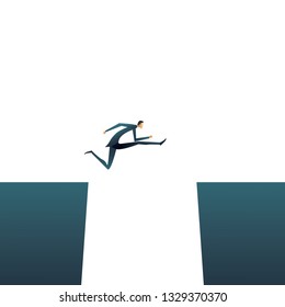 Business challenge vector concept with businessman jumping over gap. Symbol of motivation, finding solution, overcome obstacles and success. Eps10 vector illustration.