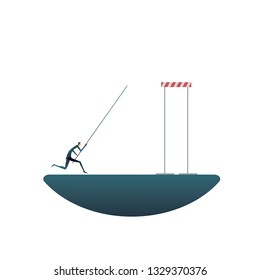 Business challenge vector concept with businessman jumping pole vault over barrier. Symbol of motivation, finding solution, overcome obstacles and success. Eps10 vector illustration.