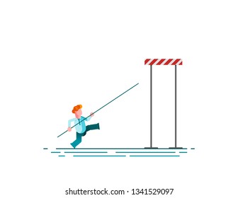 Business challenge vector concept with businessman jumping pole vault over barrier. Symbol of motivation, finding solution, overcome obstacles and success..