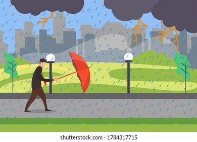 Business challenge vector concept: businessman shielding himself from the rainy thunderstorm at the city park