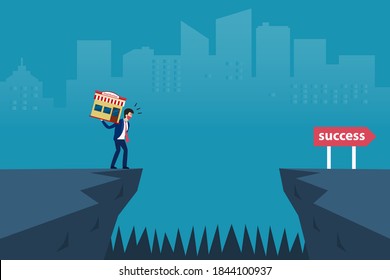 Business challenge vector concept: Businessman in face mask holding small business store and standing on the edge of gap toward success signpost