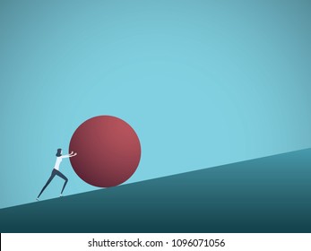 Business challenge vector concept with businesswoman as sisyphus pushing rock uphill. Symbol of difficulty, ambition, motivation, struggle. Eps10 vector illustration.
