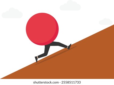 Business challenge vector concept with businesswoman as sisyphus pushing rock uphill. Symbol of difficulty, ambition, motivation, struggle. Eps10 vector illustration.


