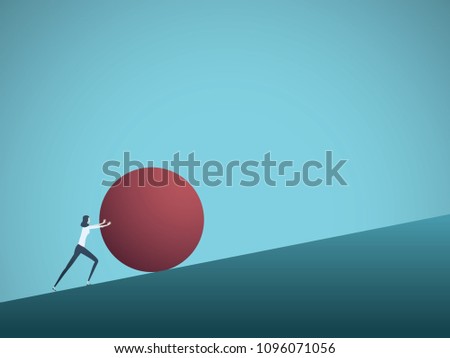 Business challenge vector concept with businesswoman as sisyphus pushing rock uphill. Symbol of difficulty, ambition, motivation, struggle. Eps10 vector illustration.
