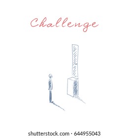Business challenge vector concept with man standing in front of door too high. Symbol of obstacles, overcoming and problem solution. Eps10 vector illustration.