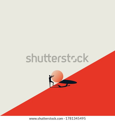 Business challenge vector concept with sisyphus pushing stone uphill. Symbol of struggle, strong effort, opportunity, ambition and achievement.