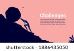 Business challenges - Businessman working hard pushing boulder up hill. Challenge, determination and persistence concept. Vector illustration.