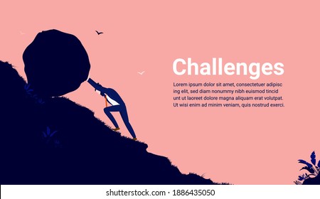 Business challenges - Businessman working hard pushing boulder up hill. Challenge, determination and persistence concept. Vector illustration.