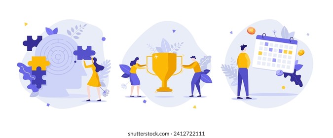 Business challenges flat concept vector illustrations set. Brain teaser, contest for prize and work planning cartoon composition. Solving modern commerce tasks creative idea for website, presentation