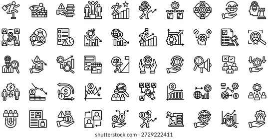 Colección de iconos de desafíos empresariales. Ilustración vectorial. Obstáculos, Obstáculos para las empresas, Competencia de mercado, Desafíos de crecimiento, Riesgo financiero, Gestión de recursos, Lucha por la innovación. Vector Pro	
