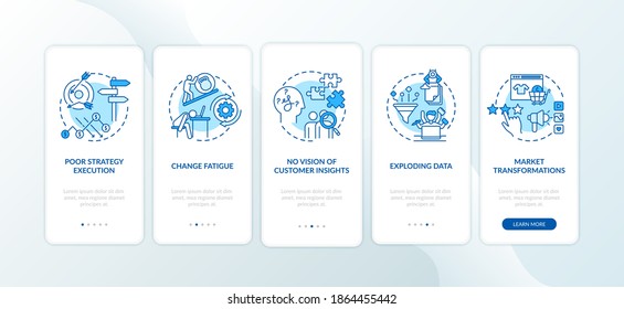 Business challenges onboarding mobile app page screen with concepts. No client-centric, poor strategy walkthrough 5 steps graphic instructions. UI vector template with RGB color illustrations