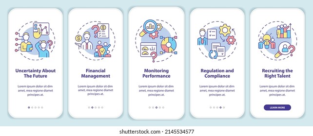 Business challenges onboarding mobile app screen. Monitoring performance walkthrough 5 steps graphic instructions pages with linear concepts. UI, UX, GUI template. Myriad Pro-Bold, Regular fonts used