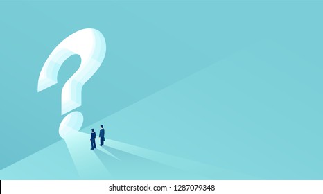 Business challenges and successful solutions concept. Vector of two businessmen standing in front of a keyhole shaped as a question mark