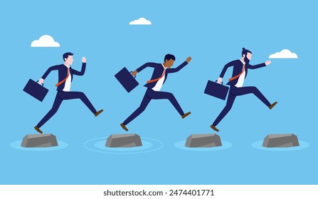 Business challenges - Team of businesspeople facing adversity risk and difficulty, jumping over obstacles with determination and will power. Corporate problem concept in vector illustration design